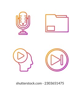 Set line Fast forward, Head people with play button, Microphone and Document folder. Gradient color icons. Vector