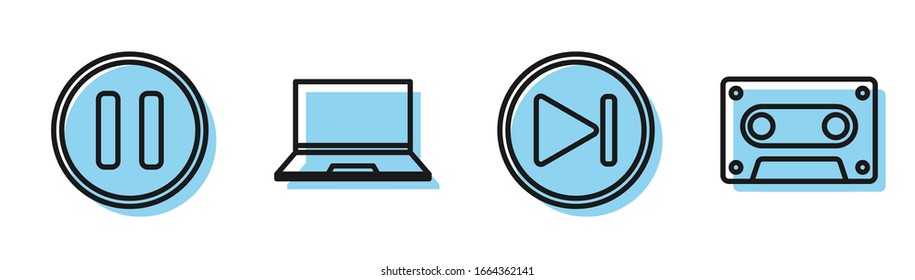 Set Line Fast Forward, Pause Button, Laptop And Retro Audio Cassette Tape Icon. Vector