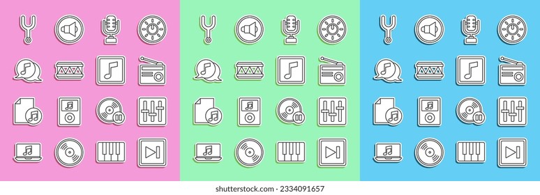 Set line Fast forward, Sound mixer controller, Radio with antenna, Microphone, Drum, Musical note in speech bubble, tuning fork and note, tone icon. Vector