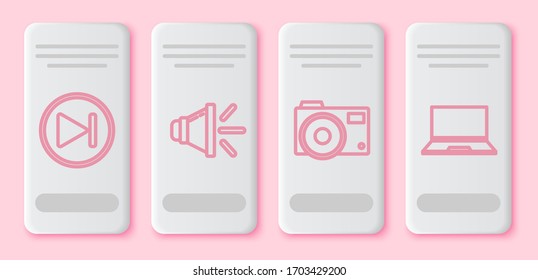 Set line Fast forward, Speaker volume, Photo camera and Laptop. White rectangle button. Vector