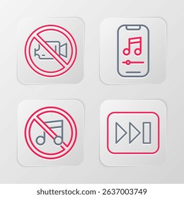 Set line Fast forward, Speaker mute, Music player and Prohibition no video recording icon. Vector