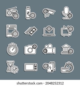 Set line Fast payments, Bank building setting, Tv, Security camera, Oven, Radio and Laptop icon. Vector