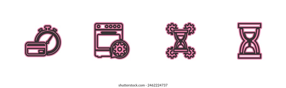 Set line Fast payments, Hourglass setting, Oven and Old hourglass with sand icon. Vector