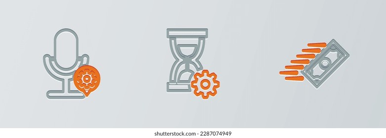 Fijar línea Pagos rápidos, configuración de micrófono e icono de reloj de arena. Vector