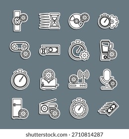Definir linha Pagamentos rápidos, Configuração de microfone, Blender com tigela, CD ou DVD disco, Gamepad, relógio de pulso e ícone de gerenciamento de tempo. Vetor