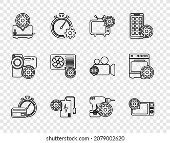 Set line Fast payments, Microwave oven setting, Tv, Power bank, Toaster, Air conditioner, Drill machine and Oven icon. Vector