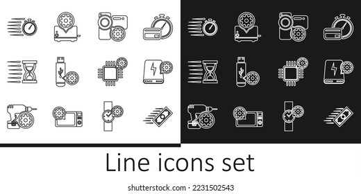 Set line Fast payments, Power bank setting, Video camera, USB flash drive, Old hourglass with sand, Stopwatch, Processor and Toaster icon. Vector