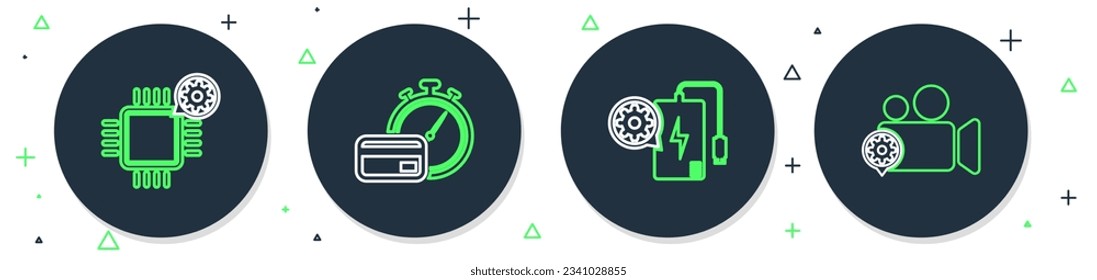 Set line Fast payments, Power bank setting, Processor and Video camera icon. Vector