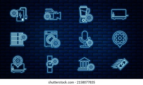 Set line Fast payments, Setting, Blender with bowl setting, Washer, Server, Power bank, Microphone and Video camera icon. Vector