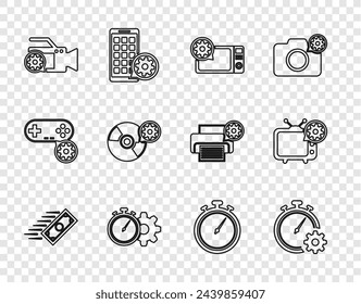 Fije la línea Pagos rápidos, ajuste de la gestión del tiempo, horno de microondas, cámara de vídeo, disco de CD o DVD, Cronómetro e icono de la televisión. Vector