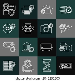 Set line Fast payments, Video camera setting, Security, Hourglass, CD or DVD disk,  and Photo icon. Vector