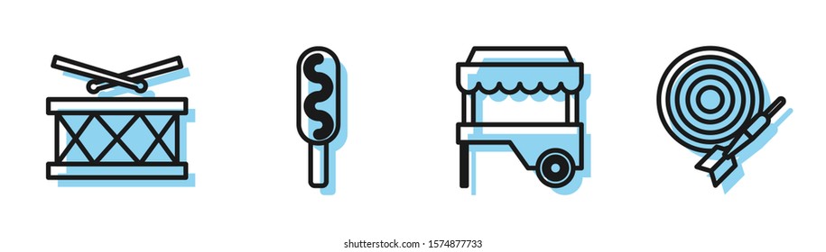 Set line Fast street food cart with awning, Drum with drum sticks, Corn dog and Classic dart board and arrow icon. Vector