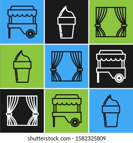 Set line Fast street food cart with awning, Curtain and Ice cream in waffle cone icon. Vector