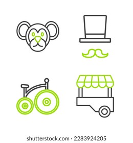 Set line Fast street food cart, Vintage bicycle, Magician and Monkey icon. Vector