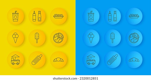 Set line Fast street food cart, Ice cream in waffle cone, Croissant, Pizza, Paper glass with straw, Nachos plate and Sauce bottle icon. Vector