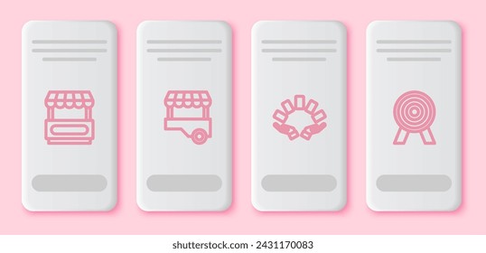 Set line Fast street food cart, , Hand holding playing cards and Target. White rectangle button. Vector