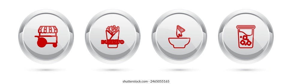 Set line Fast street food cart, Burrito, Nachos in plate and Glass with water. Silver circle button. Vector