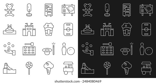 Set line Fast street food cart, Bowling pin and ball, Hockey table, Vending machine, Castle, Fountain, Teddy bear plush toy and Popcorn box icon. Vector