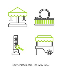 Set line Fast street food cart with awning, High striker attraction big hammer, Roller coaster and Attraction carousel icon. Vector