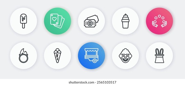 Set line Fast street food cart, Juggling ball, Circus fire hoop, Clown head, Ice cream waffle, ticket, Magician hat and rabbit ears and  icon. Vector