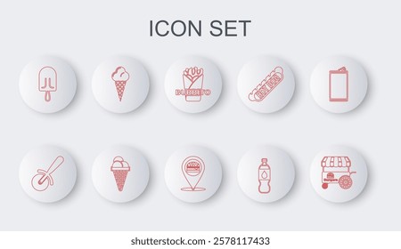 Set line Fast street food cart, Pizza knife, Burrito, Bottle of water, Ice cream, in waffle cone,  and Location with burger icon. Vector