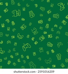 Set line Fast street food cart, Gamepad and Popcorn in box on seamless pattern. Vector