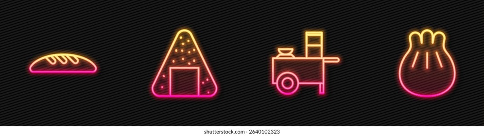 Set line Fast street food cart, Bread loaf, Onigiri and Khinkali on cutting board. Glowing neon icon. Vector