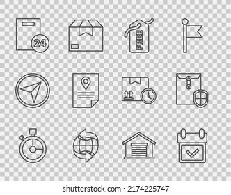 Set line Fast time delivery, Calendar with check mark, Price tag Free, Worldwide, Delivery cardboard boxes, Document tracking marker system, Warehouse and Envelope shield icon. Vector