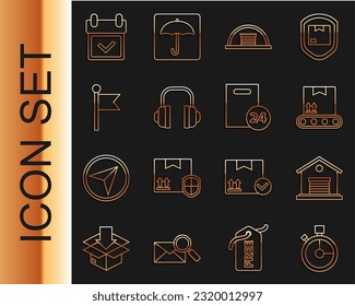 Set line Fast time delivery, Warehouse, Conveyor belt with cardboard box, Hangar, Headphones, Location marker, Calendar check and Delivery boxes icon. Vector