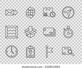 Set line Fast time delivery, Search package, Cardboard box and fast, Document tracking marker system, Envelope, with traffic symbol, Location and  icon. Vector