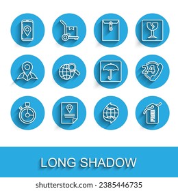 Set line Fast time delivery, Document tracking marker system, Mobile with app, Worldwide, Price tag Free, Magnifying glass globe, Telephone 24 hours support and Umbrella icon. Vector