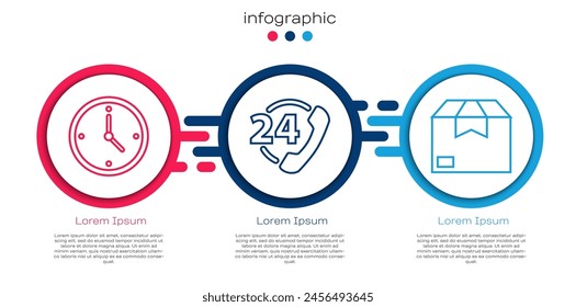 Set line Fast time delivery, Telephone 24 hours support and Carton cardboard box. Business infographic template. Vector