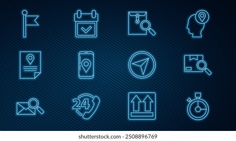 Set line Entrega rápida do tempo, Pacote de pesquisa, Envelope com lupa, Rastreamento de aplicativo móvel, Sistema de marcação de documentos, Localização, Infográfico da navegação do mapa da cidade e ícone de verificação do calendário. Vetor