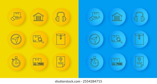 Set line Fast time delivery, Infographic of city map navigation, Search package, Document tracking marker system, Envelope, Delivery hand with boxes, Headphones and Warehouse icon. Vector
