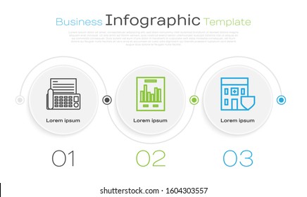 Set Line Fax Machine, Document With Graph Chart And Medical Hospital Building With Shield. Business Infographic Template. Vector