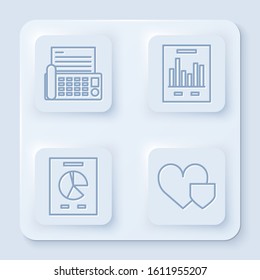 Set line Fax machine, Document with graph chart, Document with graph chart and Heart with shield. White square button. Vector