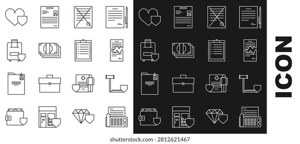 Set line Fax machine, Judge gavel with shield, Torn contract, Delete file document, Stacks paper money cash, Traveling baggage insurance, Heart and Clipboard checklist icon. Vector