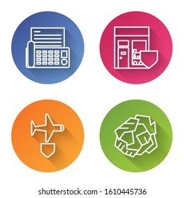 Set line Fax machine, Shopping building with shield, Plane with shield and Crumpled paper ball. Color circle button. Vector