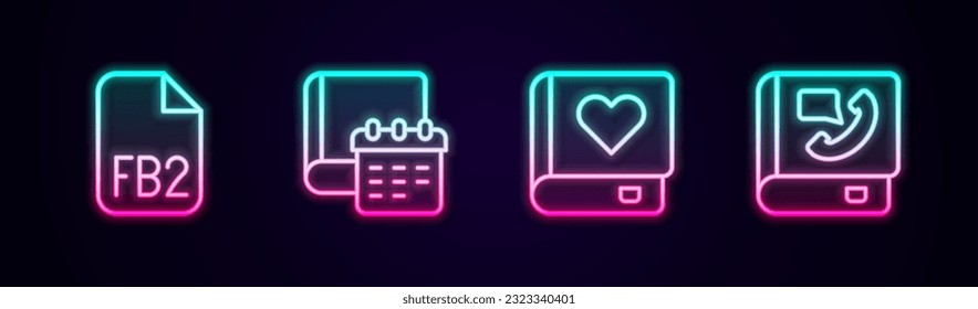 Set line FB2 File, Daily paper notepad, Romance book and Phone. Glowing neon icon. Vector