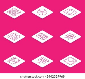 Set line Feather and inkwell, Abacus, Function mathematical symbol, Mathematics function cosine, Geometric figure Pentagonal prism, Calculator, Open book and Cube icon. Vector