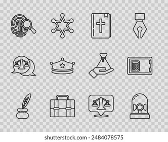 Fila Pluma y tintero, sirena Flasher, Libro de la Biblia Sagrada, Maletín, Huella Dactilar, Gorra de policía con escarapela, Escalas de justicia e icono de caja fuerte. Vector