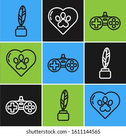 Set line Feather and inkwell, Gamepad and Heart with animals footprint icon. Vector