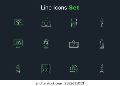 Set line Feather and inkwell, Paint spray, Watercolor paints box, Fountain pen nib, Tube with palette, Picture landscape,  and Computer design program icon. Vector