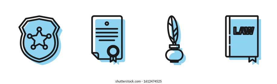 Set line Feather and inkwell, Police badge, Certificate template and Law book icon. Vector