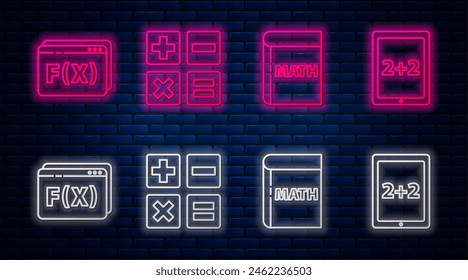 Set line Feather and inkwell, Triangle math, Geometric figure Pentagonal prism and Calculation. Glowing neon icon on brick wall. Vector