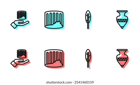 Set line Feather pen, Ancient column,  and amphorae icon. Vector