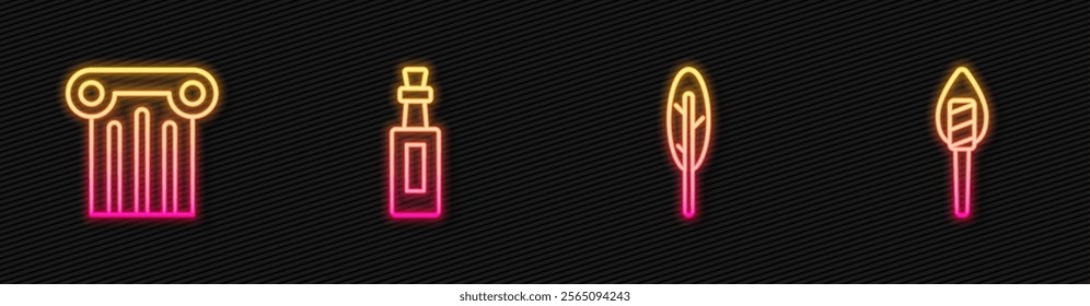 Set line Feather pen, Ancient column, Bottle of olive oil and Torch flame. Glowing neon icon. Vector