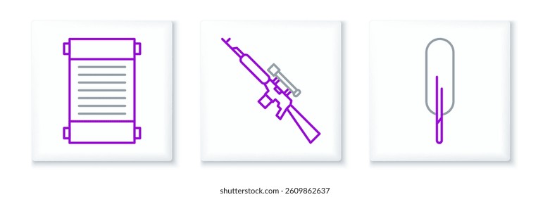 Set line Feather pen, Decree, paper, parchment, scroll and Sniper rifle with scope icon. Vector