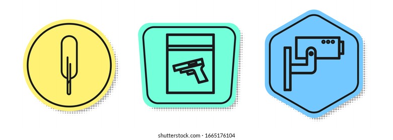 Set line Feather Stift, Evidence Beutel und Pistole oder Pistole und Pistole und Security Kamera. Farbige Formen. Vektorillustration