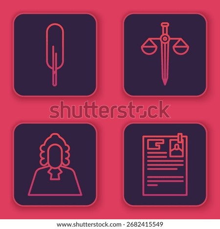 Set line Feather pen, Judge, Scales of justice and Lawsuit paper. Blue square button. Vector
